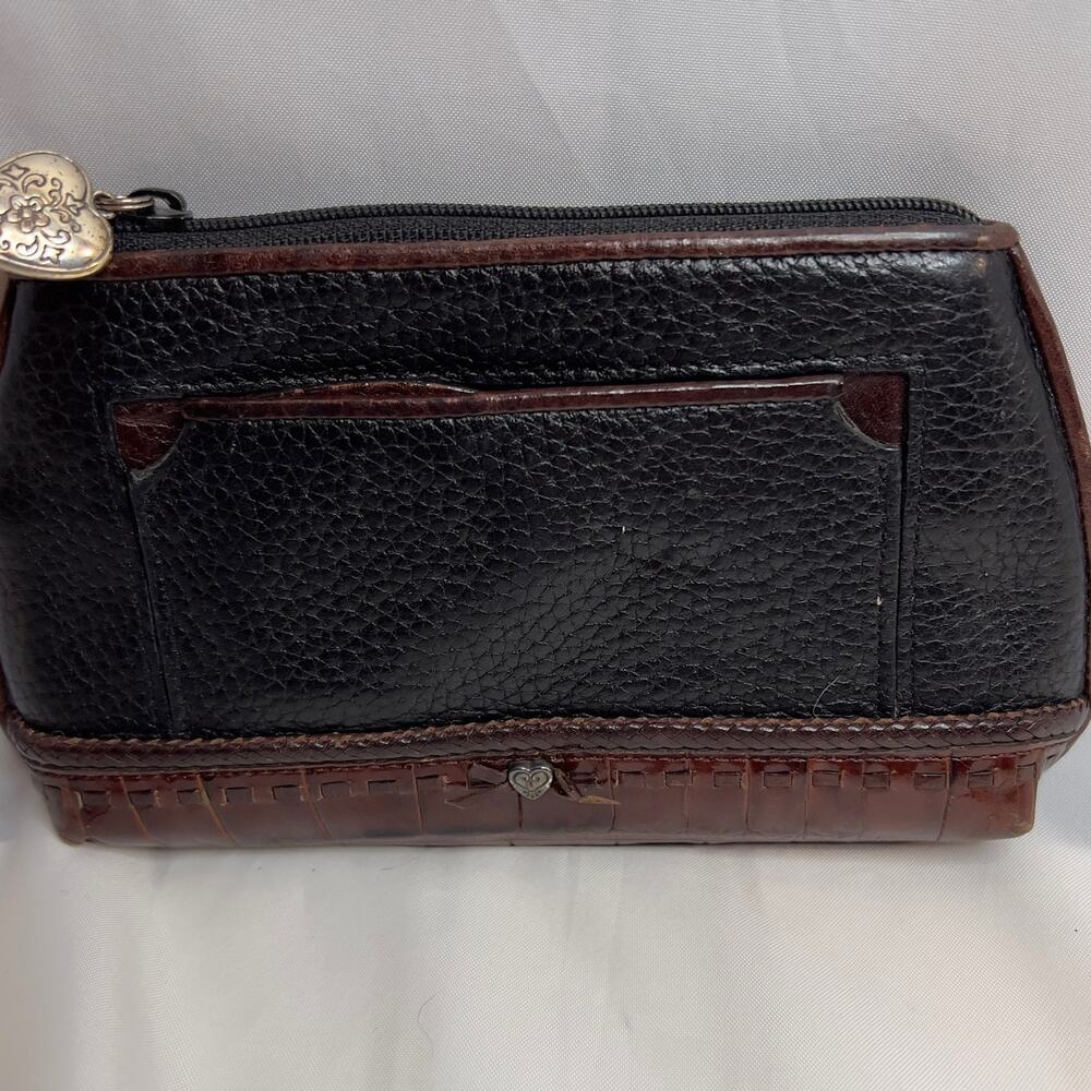 Brighton Black and Brown Leather Zippered Clutch Coin Purse Wallet Heart Charms